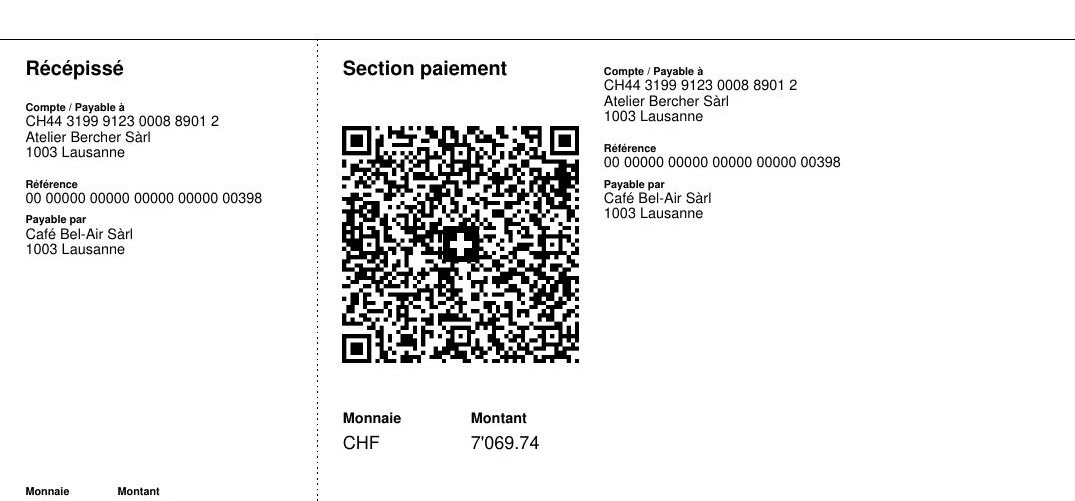 A QR-fatura suíça no fim da fatura: recibo, secção de pagamento, código QR com a cruz suíça, referência, pagável por, moeda e valor.
